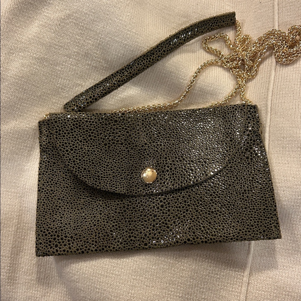 Sorial Black Textured Mini Crossbody Leather Clutch with Gold Chain
